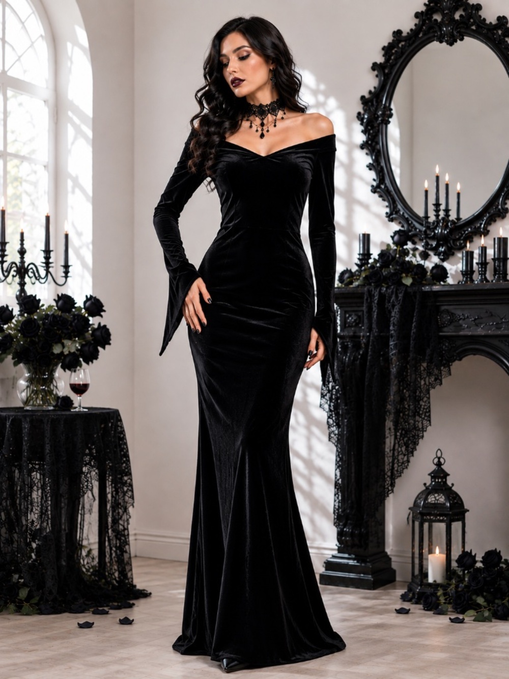 Women’s Velvet Goth Black Long Sleeved Maxi Dress Plus Size XXL